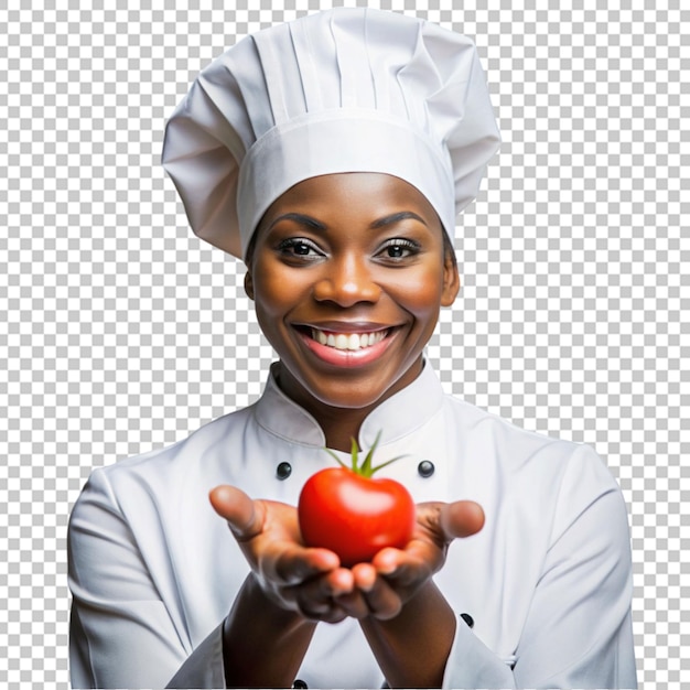 PSD una mujer negra feliz con un tomate en la mano