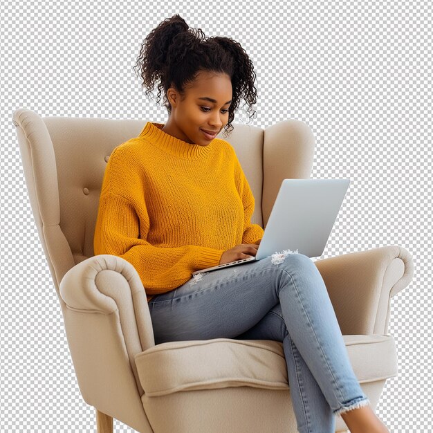 Una mujer negra se sienta en una silla con una computadora portátil en su regazo
