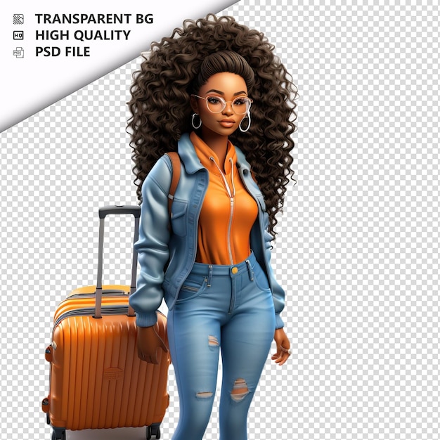 PSD mujer negra viajando en 3d estilo de dibujos animados fondo blanco i
