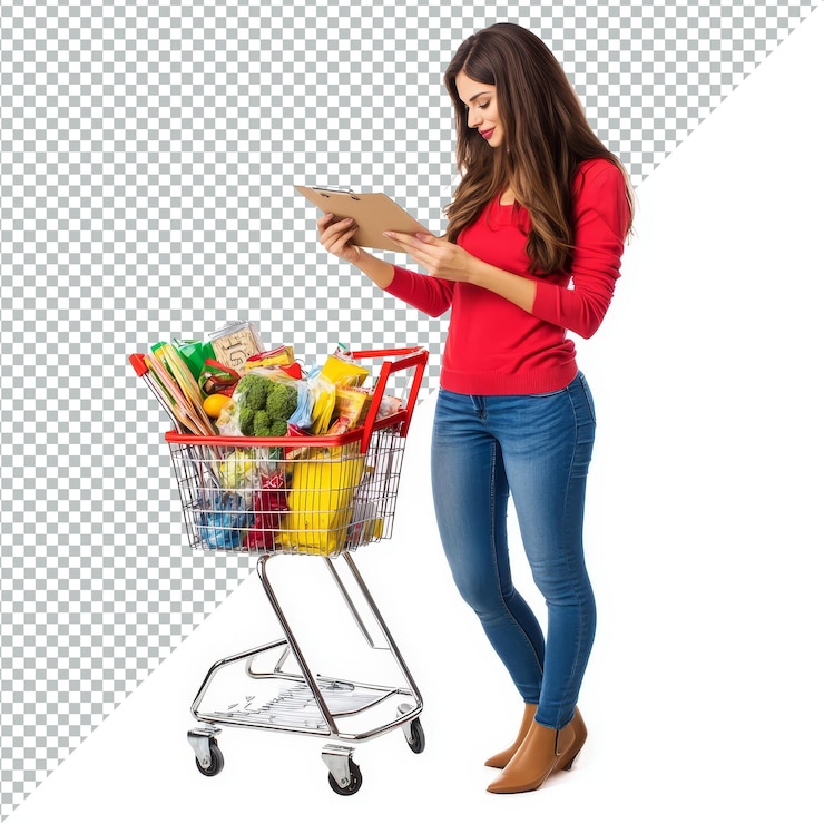 PSD mujer organizando comestibles en un carrito de compras mientras revisa una lista de compras en una tienda brillante configurando archivo png sin antecedentes mujer con carrito de compra lleno escribiendo una lista