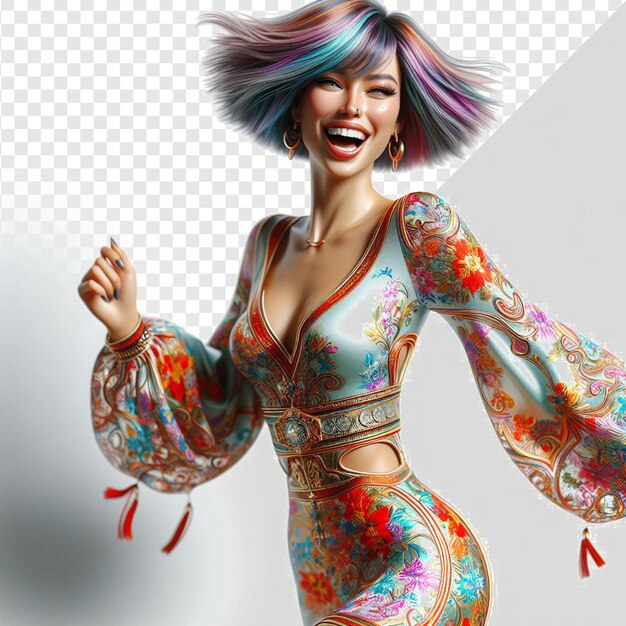 PSD mujer oriental colorida modelo bailando sacudiendo riendo aislado trasfondo transparente cara png