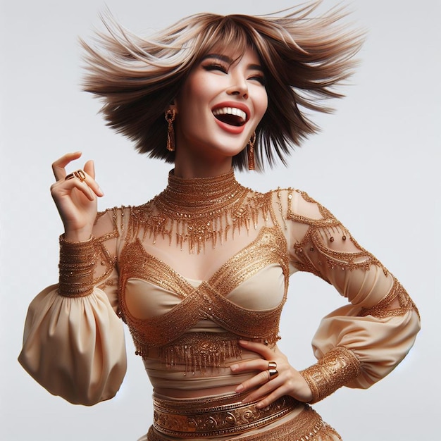PSD mujer oriental dorada modelo bailando sacudiendo riendo aislado trasfondo transparente cara png oro