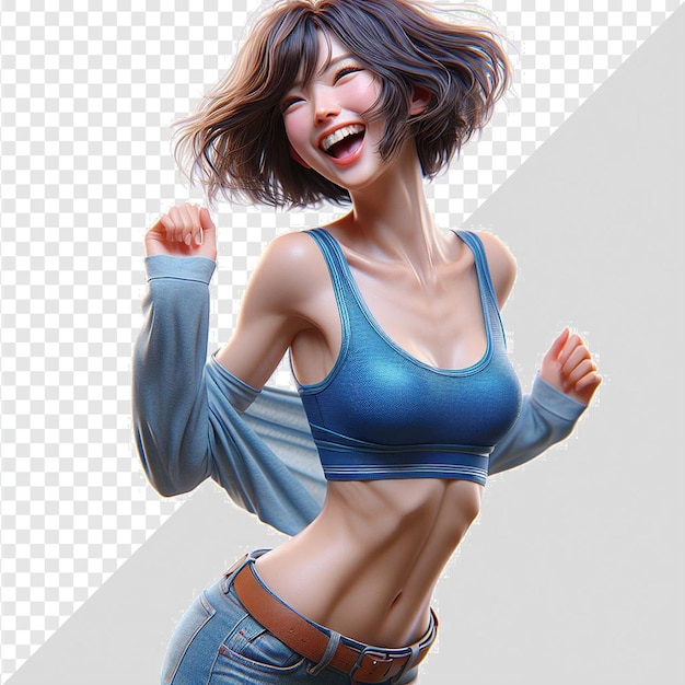 Mujer oriental vestida de azul modelo bailando temblando riendo aislado fondo transparente cara png