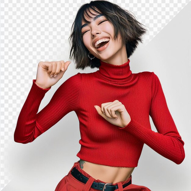 PSD mujer oriental vestida de rojo modelo bailando temblando riendo aislado trasfondo transparente cara png