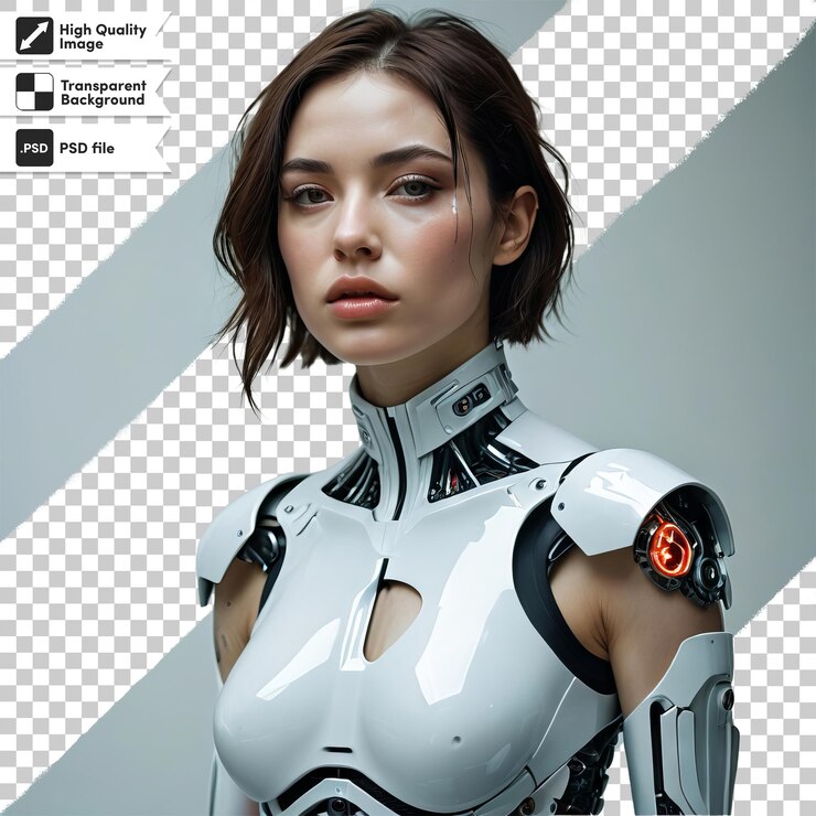 PSD una mujer con una pantalla de computadora que dice robot en él