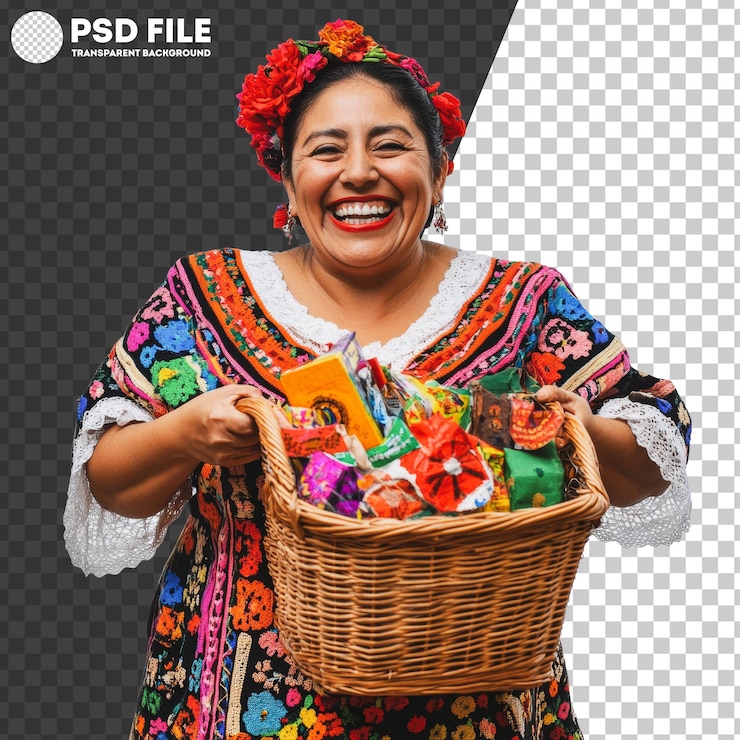 PSD mujer de papua nueva guinea en vestido tradicional con canasta