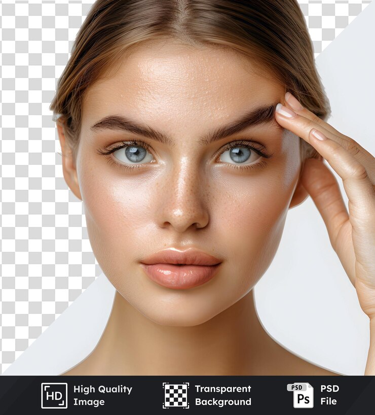 PSD mujer con pecas y ojos azules posa sobre un fondo psd transparente para proyectos de diseño gráfico