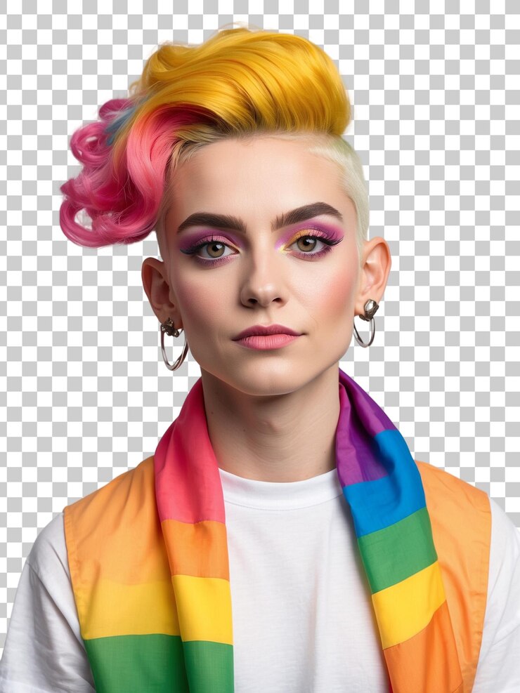 PSD una mujer con un peinado de color arco iris en la cabeza