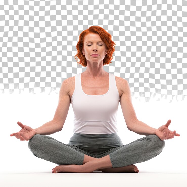 PSD mujer pelirroja de mediana edad practicando yoga aislada en transparente