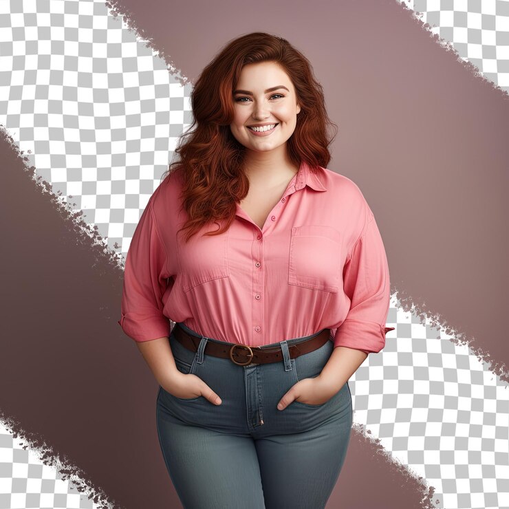 PSD mujer pelirroja regordeta de unos 30 años con un traje rosa casual posando con las manos plegadas aisladas sobre un fondo transparente
