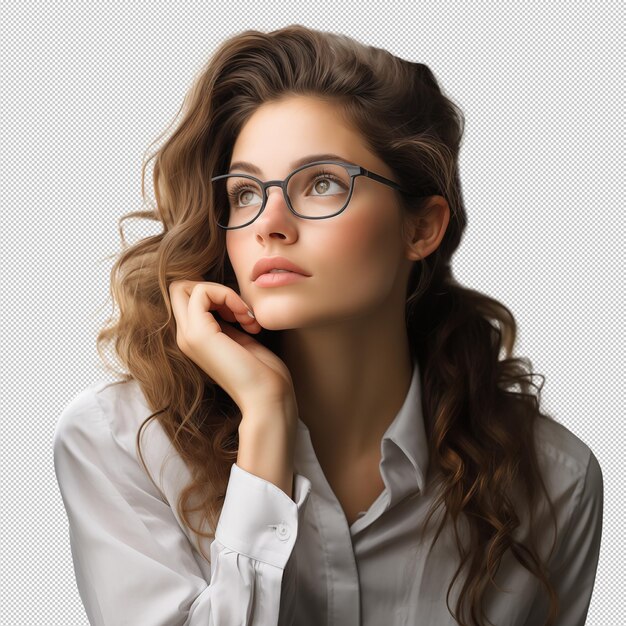 Mujer pensante con gafas transparente horneado