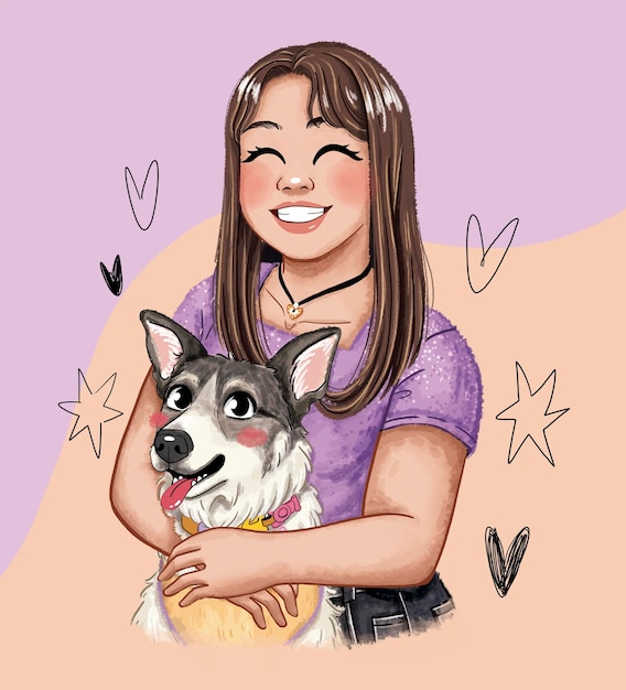 Mujer con perro mascota, cachorro feliz, mujer feliz.