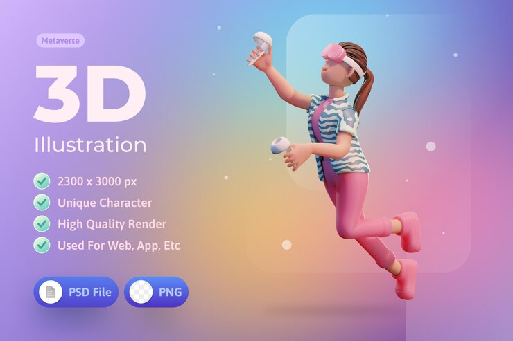 PSD mujer de personaje con auriculares vr metaverse ilustración 3d