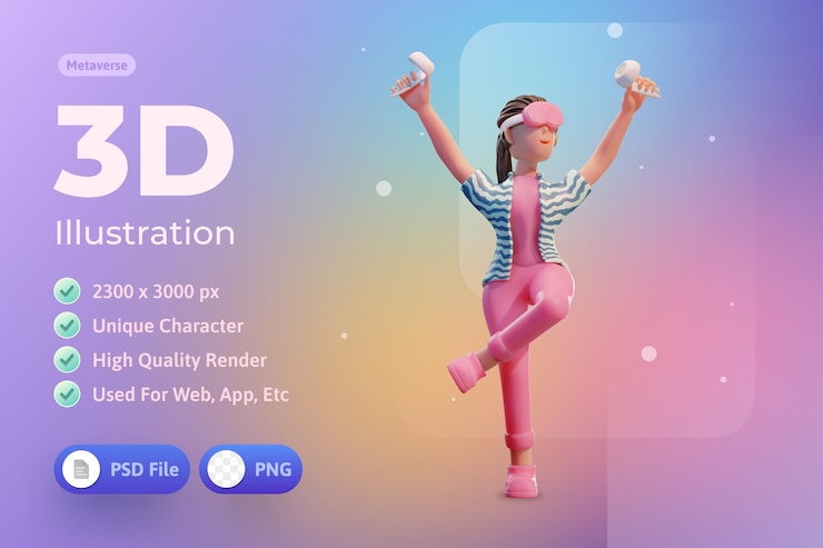PSD mujer de personaje con auriculares vr metaverse ilustración 3d
