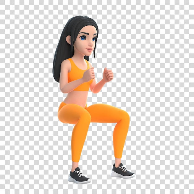 Mujer de personaje de dibujos animados en ropa deportiva haciendo sentadillas aisladas sobre fondo blanco 3d render