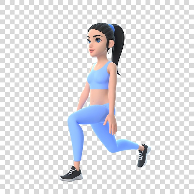 Mujer de personaje de dibujos animados en ropa deportiva haciendo sentadillas aisladas sobre fondo blanco 3D render