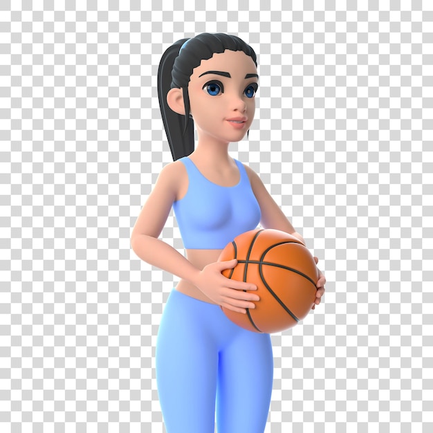 Mujer de personaje de dibujos animados en ropa deportiva sosteniendo una pelota de baloncesto aislada sobre fondo blanco 3D render