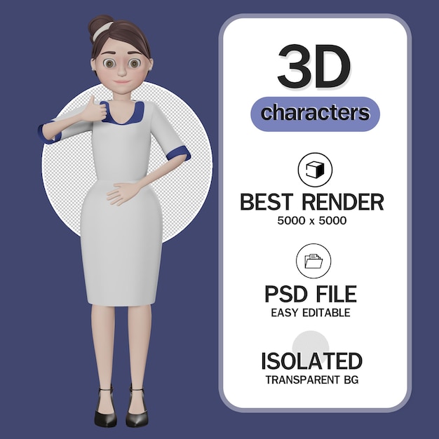 PSD mujer de personaje de dibujos animados en traje azul dando pulgares arriba renderizado 3d