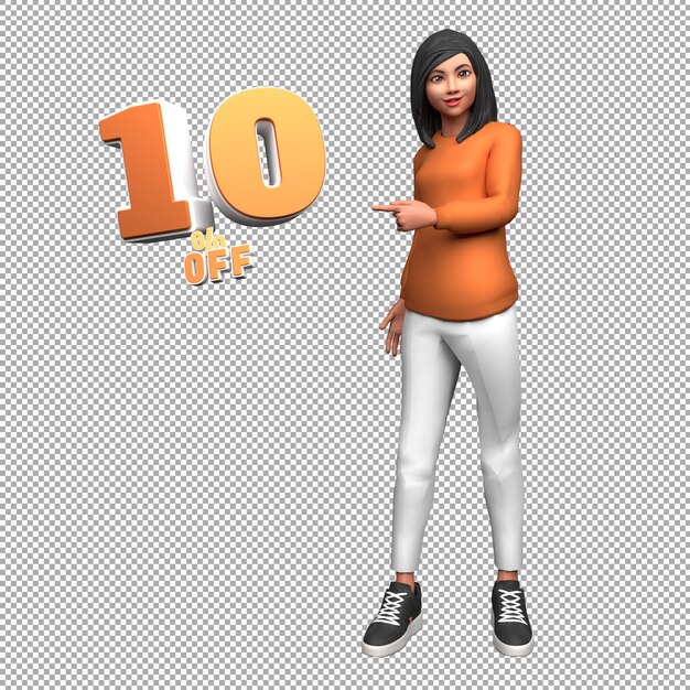 Mujer personaje de ilustración 3d con 10 por ciento de descuento