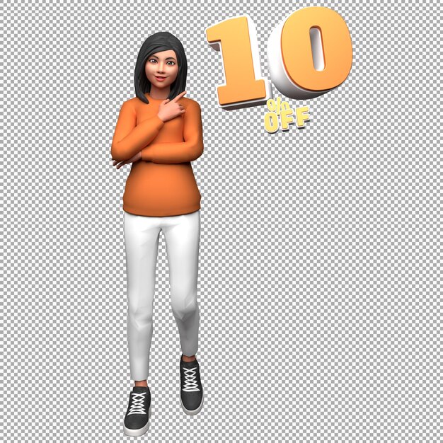 PSD mujer personaje de ilustración 3d con 10 por ciento de descuento