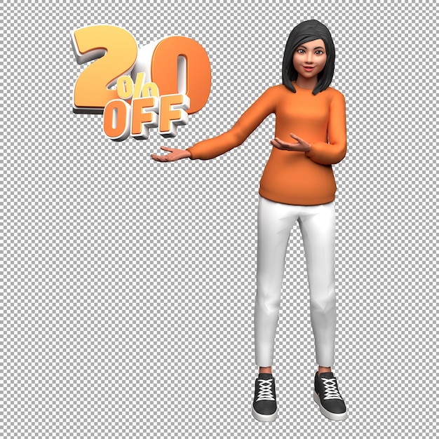 Mujer personaje de ilustración 3d con 20 por ciento de descuento