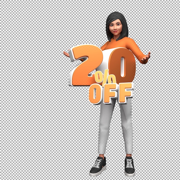 Mujer personaje de ilustración 3d con 20 por ciento de descuento