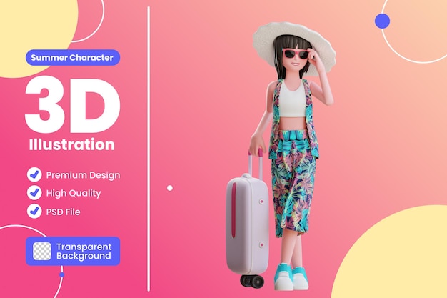 Mujer de personaje de verano 3d con gafas de sol y sombrero de playa con maleta yendo de vacaciones