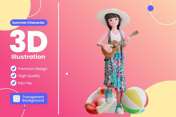 PSD mujer de personaje de verano 3d tocando el ukelele en la playa