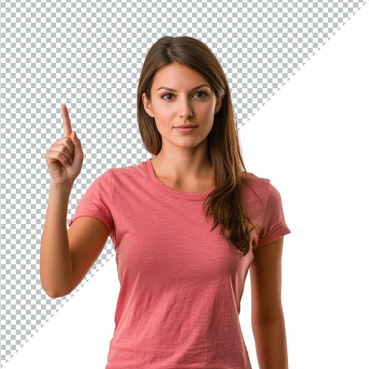 PSD mujer de pie con un dedo levantado expresando una idea aislada contra un fondo transparente mujer señalando a algo con su dedo aislado sobre un fondo transparente
