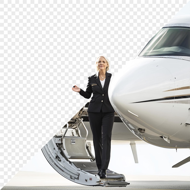 PSD una mujer de pie en las escaleras de un avión con la palabra "piloto" en él