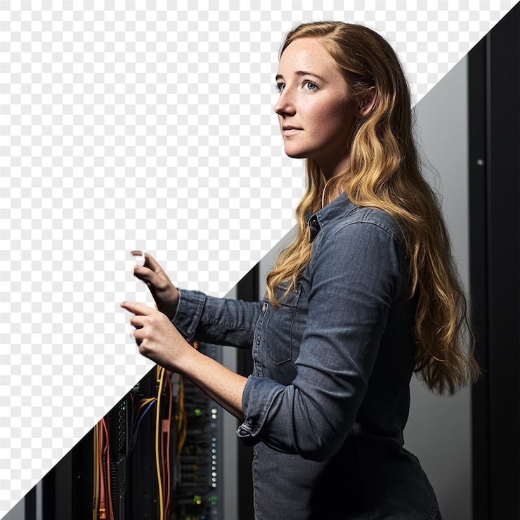 PSD una mujer de pie frente a una pantalla de computadora con la palabra poder en ella