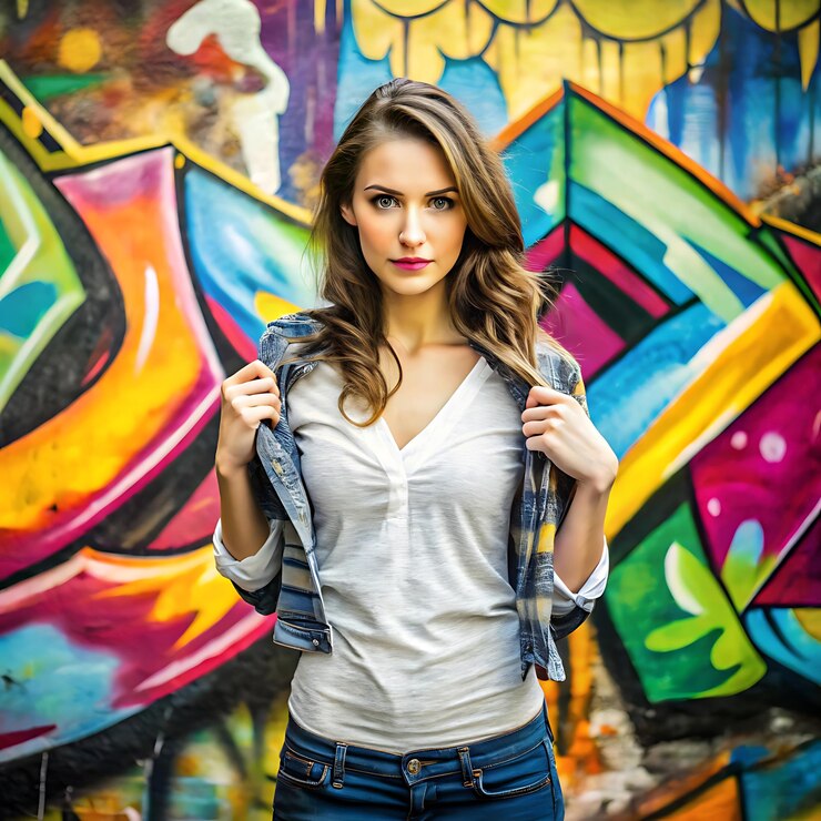 PSD una mujer de pie frente a una pared de grafiti con un fondo de grafiti
