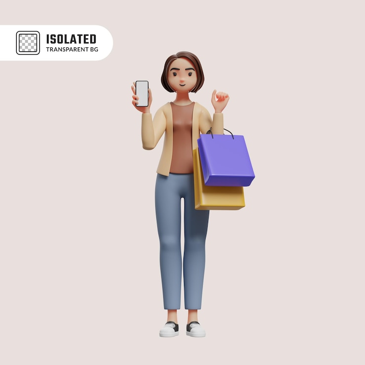 PSD mujer de pie sosteniendo bolsas de compras y sugiriendo compras con aplicación móvil