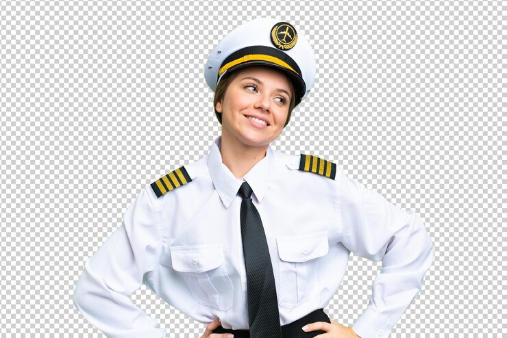 PSD mujer piloto de avión sobre fondo de clave de croma aislado posando con los brazos en la cadera y sonriendo
