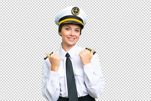 Mujer piloto de avión sobre fondo de clave de croma aislado con los pulgares hacia arriba y sonriendo