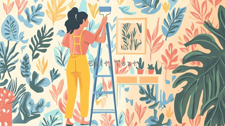 PSD mujer pintando papel tapiz de hojas tropicales en la pared