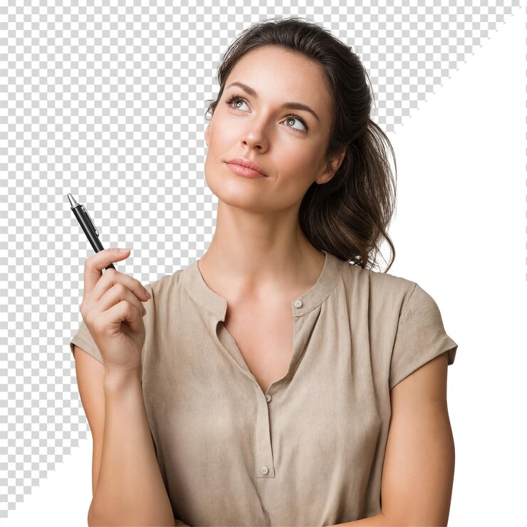 PSD mujer con pluma profundamente pensativa mirando hacia arriba