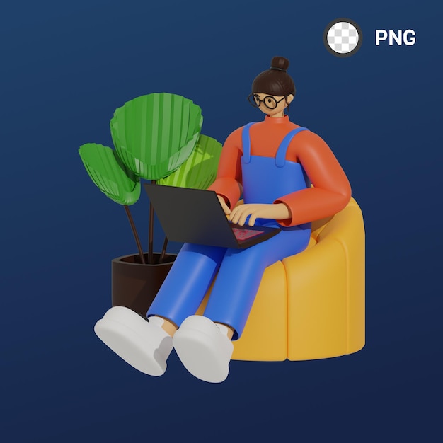 Una mujer con un portátil en el regazo está sentada en una silla amarilla con una planta al fondo.