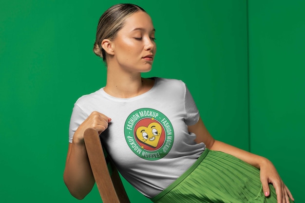 mujer, posar, en, silla, vista delantera