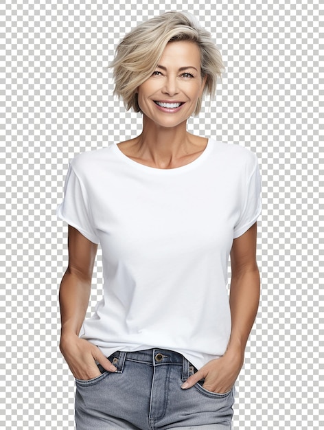 PSD mujer positiva sonriendo a la cámara con una camiseta blanca en el fondo transparente