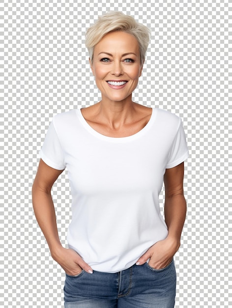 PSD mujer positiva sonriendo a la cámara con una camiseta blanca en el fondo transparente
