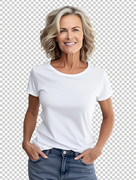 Mujer positiva sonriendo a la cámara con una camiseta blanca en el fondo transparente