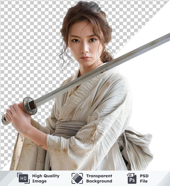 PSD mujer premium sosteniendo la tradicional espada japonesa katana con cabello y cara marrones y una mano visible en primer plano