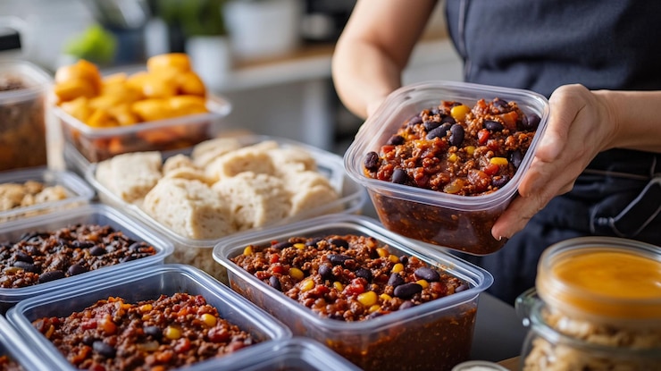 PSD mujer preparando y almacenando chile en recipientes para preparar comidas