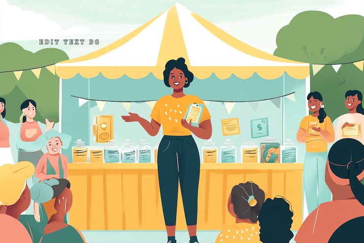 PSD mujer presentando productos en un mercado al aire libre