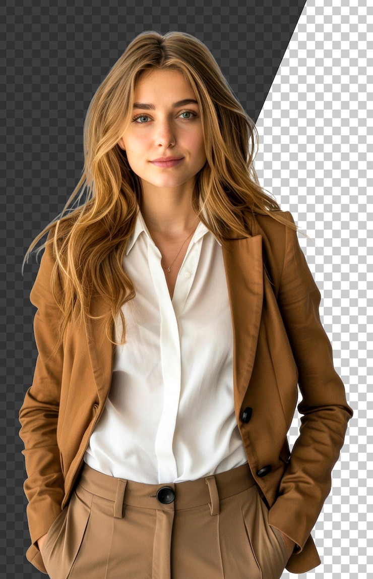 PSD mujer profesional con una chaqueta marrón en fondo transparente png