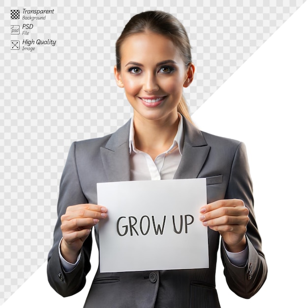 Mujer profesional sosteniendo un cartel con las palabras Crecer