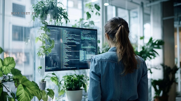 PSD mujer programadora revisando código en un gran monitor en una oficina llena de plantas
