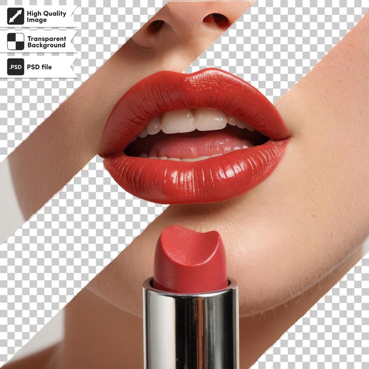 PSD mujer psd aplicando lápiz labial rojo sobre un fondo transparente con capa de máscara editable