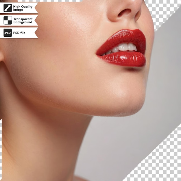 Mujer PSD aplicando lápiz labial rojo sobre un fondo transparente con capa de máscara editable
